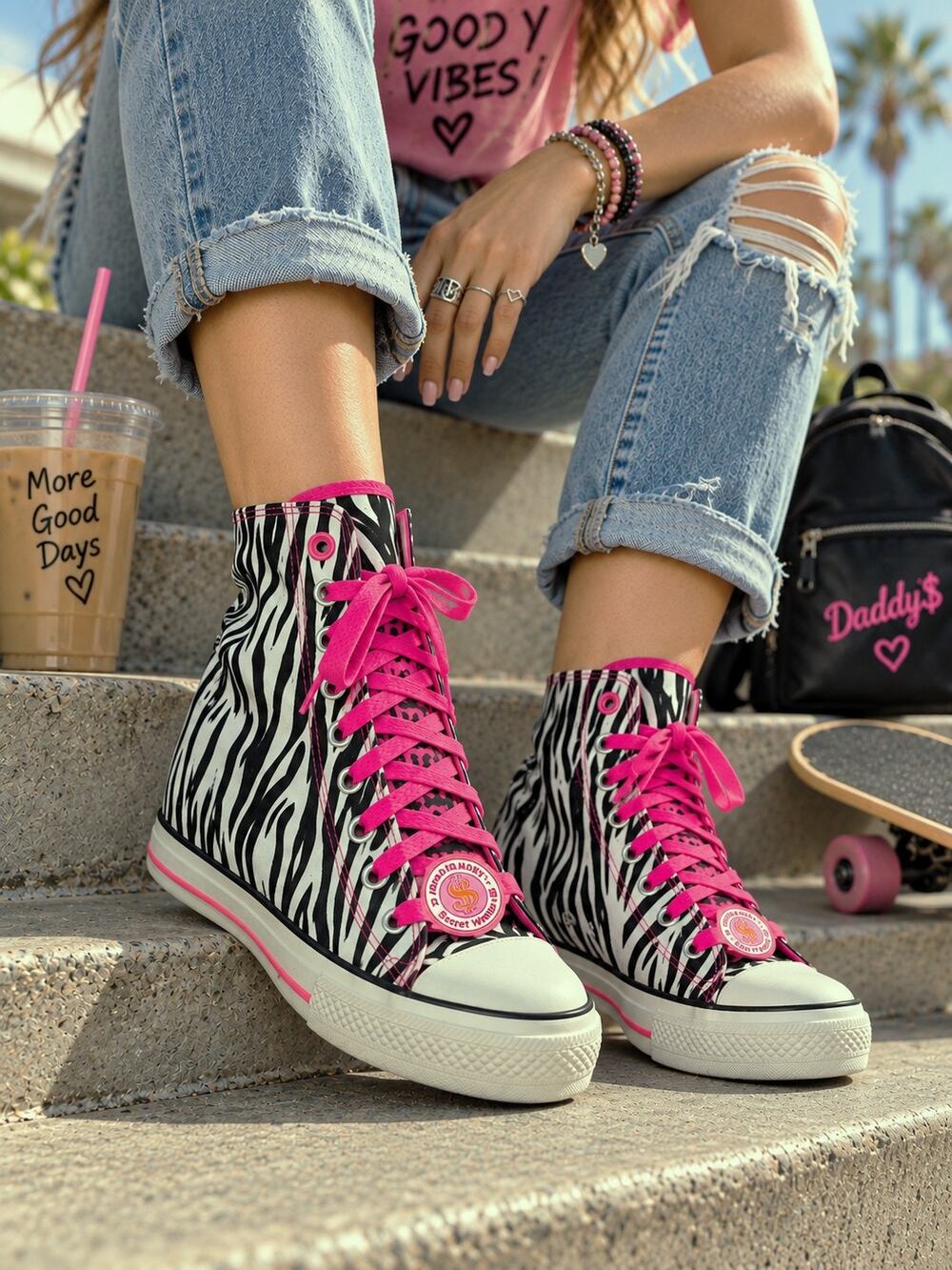 2013 Daddy's Money Secret Wedge Zebra Pink High Top Sneakers Y2K Womens 8 NEW